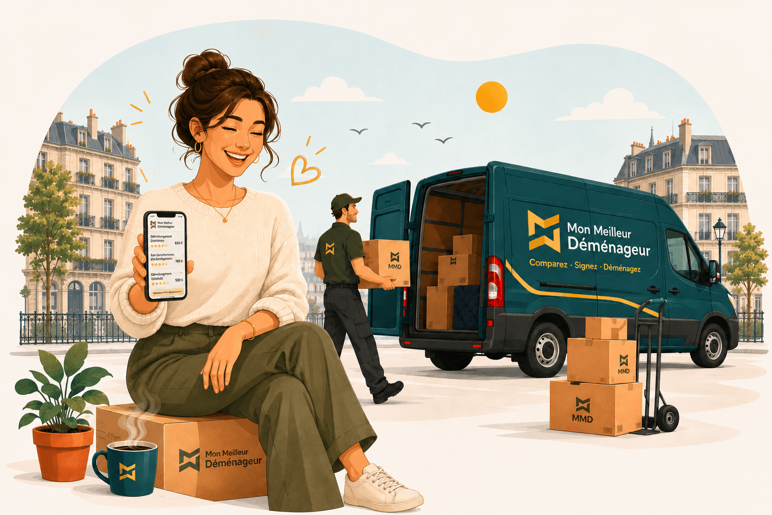 Cliente sereine qui choisit son déménageur sur l'app Mon Meilleur Déménageur, avec un camion Mon Meilleur Déménageur brand et un déménageur professionnel en arrière-plan dans une scène parisienne.