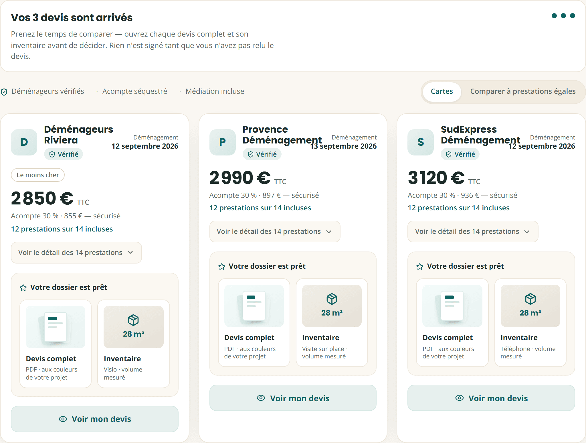 Espace client Mon Meilleur Déménageur : trois devis de déménageurs vérifiés comparés côte à côte (Déménageurs Riviera 2 850 €, Provence Déménagement 2 990 €, SudExpress 3 120 €), avec acompte sécurisé, prestations incluses et inventaire.